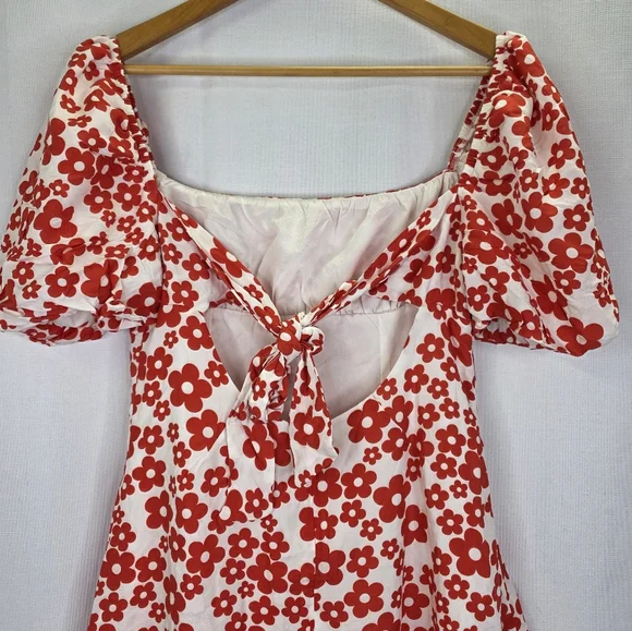 Nwt Glamorous Women's Red Mini Dresses Tie Puff Sleeve Floral Mini Dress Size 12 - Picture 10 of 16